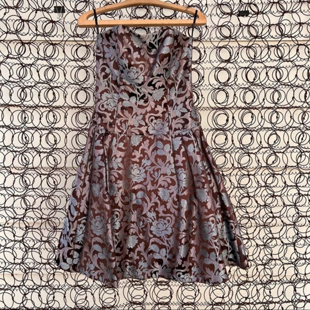Jessica McClintock brown blue metallic floral vintage 90s prom cocktail dress